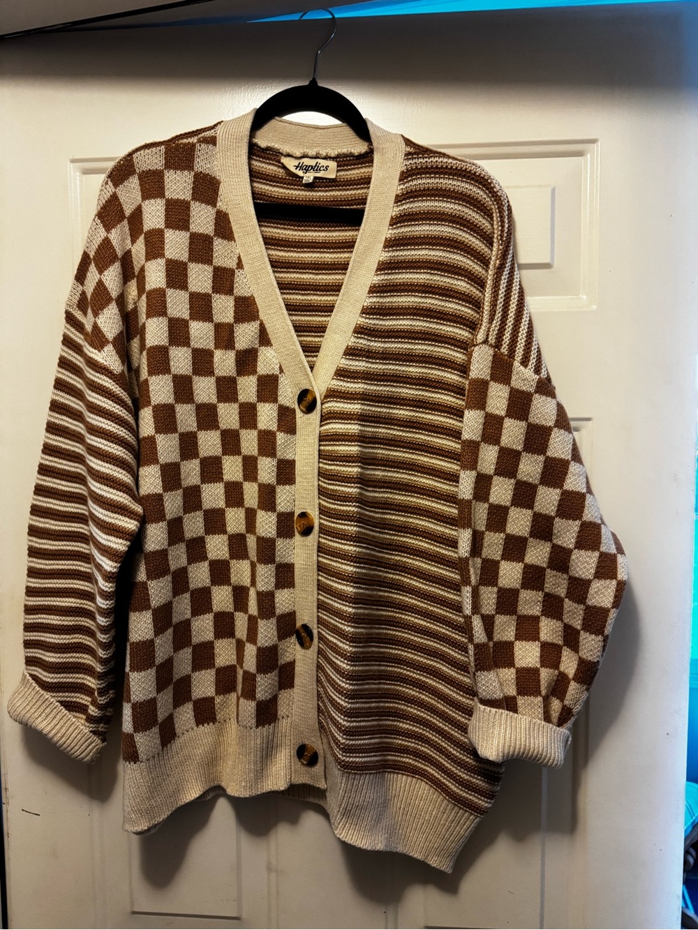 Neutral Checkerboard & Stripe Boutique Cardigan Sweater — Cream & Brown